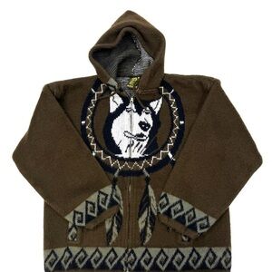 Ruminahui Tejidos Wool Wolf Sweater Jacket Hood Full Zip Feather Dream Catcher